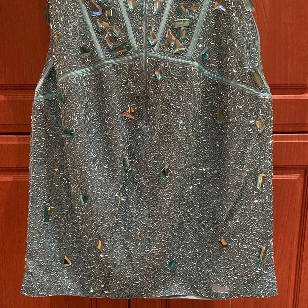 Sherri Hill Turquoise Over The Knee Beaded Dress View 5